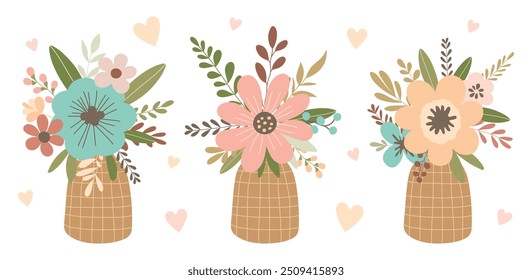 Set of wedding elements, wicker vase with bouquets, hearts isolated on white background. Cute vector illustration. Simple flat style for wedding design.