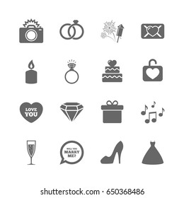 Set of Wedding and Engagement icons. Cake with heart, Gift box and Letter signs. Dress, Fireworks and Musical notes symbols. Isolated flat icons set on white background. Vector