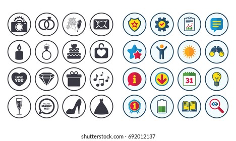 Set of Wedding and Engagement icons. Cake with heart, Gift box and Letter signs. Dress, Fireworks and Musical notes symbols. Calendar, Report and Book signs. Stars, Service and Download icons. Vector