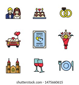 Set of wedding  flat line icon.such as bride,groom,ring,wedding card