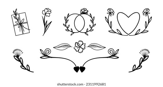 Set of wedding floral elements in minimalist style. Design elements for wedding invitation card, valentine. Romantic vector illustration.