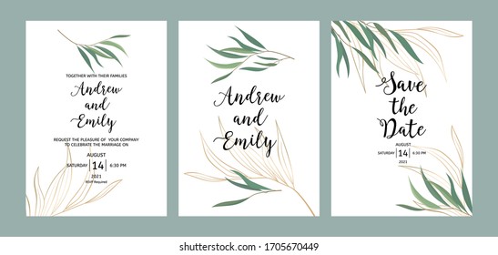 Set of wedding floral invitation, Save the Date card template. Green and gold leaves of eucalyptus branches frame