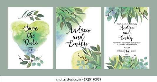 Set Of Wedding Floral Invitation, Save The Date Card Template. Green Leaves And Eucalyptus Branches Wreath And Watercolor Background