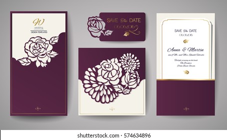 Set of Wedding Floral Invitation. Template for laser cutting. Vector illustration.