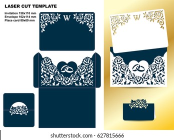 Set of wedding floral template. Invitation card, envelope and place card with pattern of roses for laser cutting. Vector illustration.