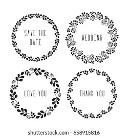 Set of wedding floral wreaths, rustic simple wreaths on white background