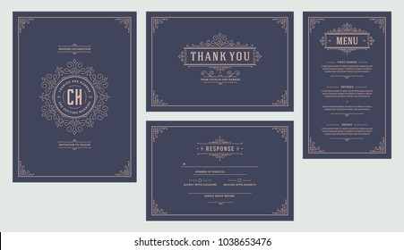 Set Wedding Flourishes Ornaments Invitations Cards. Invite, Thank You, Rvsp And Menu Design. Vintage Victorian Frames And Decorations. Vector Elegant Template.