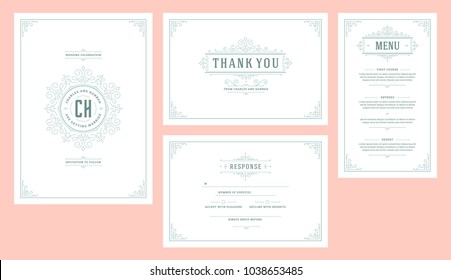 El establecimiento de bodas florece con adornos tarjetas de invitación. Invite, gracias, rvsp y diseño de menú. Marcos y decoraciones victorianos de época. Plantilla elegante vectorial.