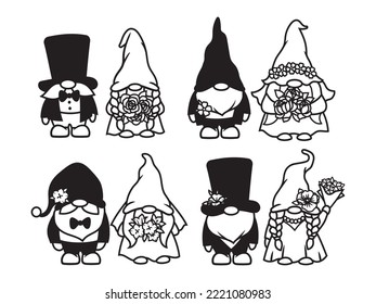 Juego de gnomos de boda. Colección de un par de gnomos adorables con disfraces de novia y novio. Ilustración vectorial para invitaciones de boda.