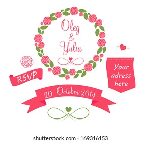 Set of Wedding Graphic Elements with Arrows, Hearts, Laurel,  Ribbons and Labels Vector Illistration