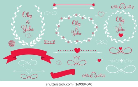 Set of Wedding Graphic Elements with Arrows, Hearts, Laurel,  Ribbons and Labels Vector Illistration