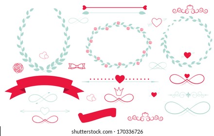 Set of Wedding Graphic Elements with Arrows, Hearts, Laurel,  Ribbons and Labels Vector Illistration