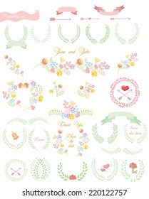 Set of wedding graphic set- wreath, flowers, arrows, hearts, laurel, ribbons and labels, brushes  depicting an award achievement heraldry nobility, hand drawing vector illustration 