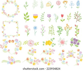 Set of wedding graphic set- wreath, flowers,  laurel, ribbons and labels, brushes depicting an award achievement heraldry nobility, hand drawing vector illustration 