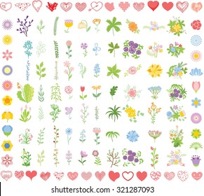 Set of wedding graphic set- wreath, flowers, arrows, hearts, laurel, ribbons and labels, brushes depicting an award achievement heraldry nobility, hand drawing vector illustration 