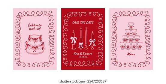 Set of wedding greeting card and invitation templates. Vector illustration of hand drawn quirky cake with ribbons, candles and champagne tower with whimsical frame