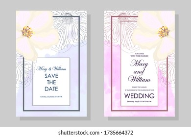 Set of wedding greeting card. Watercolor background. pink quince flower. Eps10 vector stock illustration