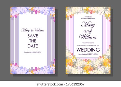 Juego de bodas, tarjetas de felicitación en un delicado color con un marco de pequeñas flores primaverales. Periwinkle. Ilustración del material vectorial, eps 10.