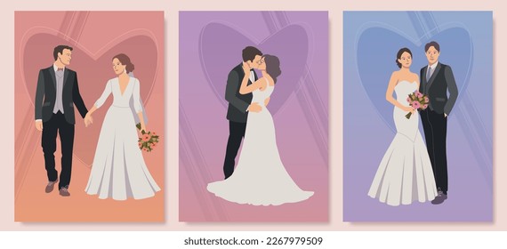 A set of wedding greeting cards in flat style. Vector wedding ceremony invitation card. Wedding illustrations with the bride and groom. A happy couple celebrates a wedding.