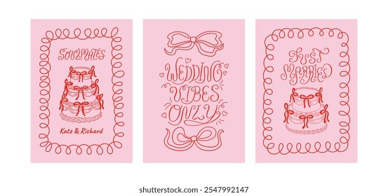 Set of wedding greeting cards and invitation templates with elegant lettering, cakes and bows. Vector illustration of hand drawn calligraphy quote wedding vibes only and quirky frames