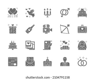 Set of Wedding Grey Icons. Bridal Bed, Limousine, Bride, Bridegroom and more.