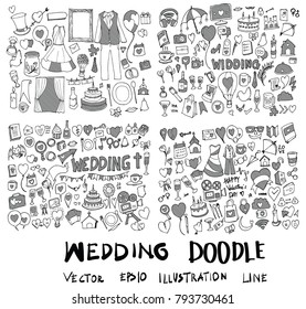 Set of Wedding Hand drawn doodle Sketch line vector scribble