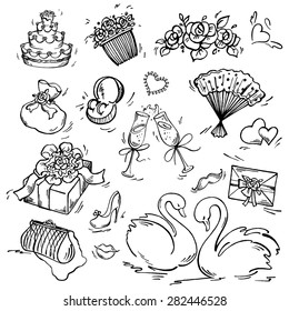 Set Of Wedding Icon Pen Sketch Converted To Vectors.