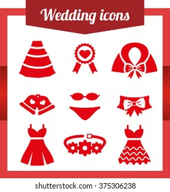 Set wedding icons. Bell, Dress, garter, wedding, underwear, coat, cloak, sash, belt, medal. Flat isolated on white background.