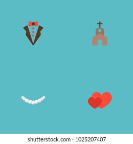 Set of wedding icons flat style symbols with groom suit, church, hearts and other icons for your web mobile app logo design.