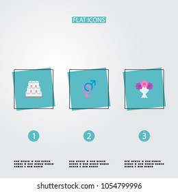 Set of wedding icons flat style symbols with gender signs, wedding cake, bouquet and other icons for your web mobile app logo design.