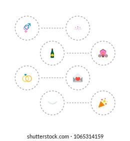Set of wedding icons flat style symbols with champagne, gender signs, ring and other icons for your web mobile app logo design.