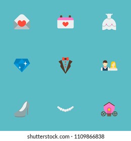 Set of wedding icons flat style symbols with just married, invitation, bride dress and other icons for your web mobile app logo design.