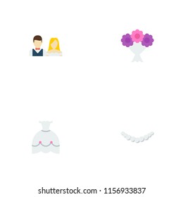 Set of wedding icons flat style symbols with bouquet, bride dress, necklace and other icons for your web mobile app logo design.