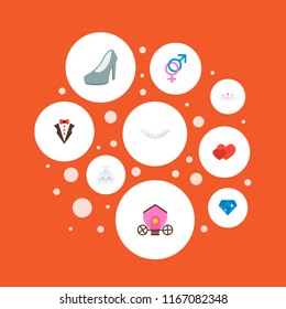 Set of wedding icons flat style symbols with hearts, gender signs, bride dress and other icons for your web mobile app logo design.