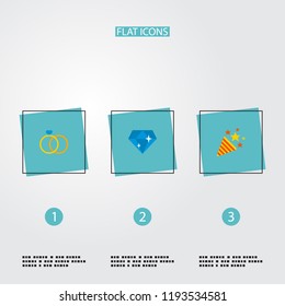 Set of wedding icons flat style symbols with ring, firework, diamond and other icons for your web mobile app logo design.