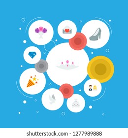 Set of wedding icons flat style symbols with dove, heeled shoes, bride dress and other icons for your web mobile app logo design.