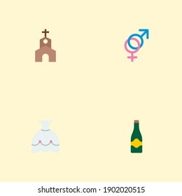 Set of wedding icons flat style symbols with gender signs, bride dress, champagne and other icons for your web mobile app logo design.