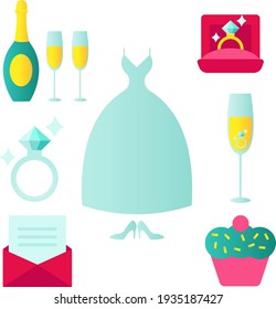 Set of wedding icons in flat style with an invitation or love letter wedding dress food champagne cake gift church rings jewellery shoes.