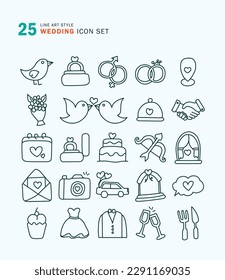 Set of Wedding icons freehand line art style