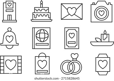 Set of wedding icons including cake camera bell globe and candle isolated on transparent background