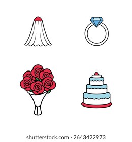 A set of wedding icons isolated on white background. The icons include a bridal veil, a diamond ring, a bouquet of red roses, and a tiered wedding cake. Perfect for wedding designs.