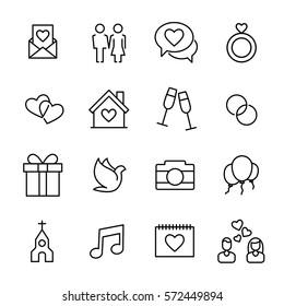Set of wedding icons in modern thin line style. High quality black outline celebration symbols for web site design and mobile apps. Simple wedding pictograms on a white background.