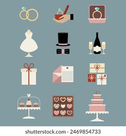 Set of wedding icons in retro colours. Collection of marriage vector elements