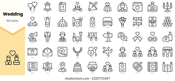 Juego de íconos de boda. Paquete de iconos de estilo de arte de línea simple. Ilustración del vector