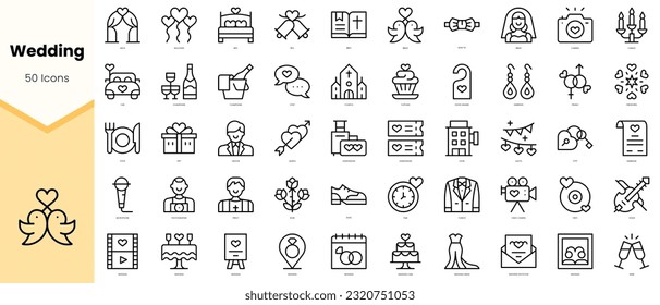 Juego de íconos de boda. Paquete de iconos de estilo de arte de línea simple. Ilustración del vector