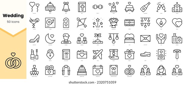 Juego de íconos de boda. Paquete de iconos de estilo de arte de línea simple. Ilustración del vector
