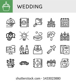 Set of wedding icons such as Ice bucket, Wedding, Wedding planner, Bouquet, Church, day, Ganesha, Love, Romantic, invitation, Flower bouquet, Limousine ,