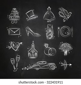 Set of wedding icons theme drawing with white ink on black paper