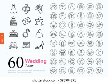 Set of wedding icons for web or services. 60 design honeymoon line icons high quality, vector illustration.