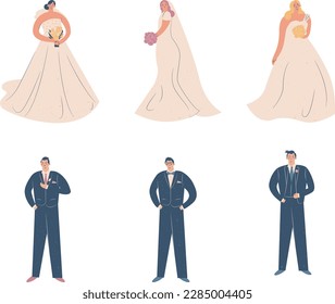 Conjunto de ilustraciones de bodas. Novia y novio con vestido de novia. Ilustración del vector